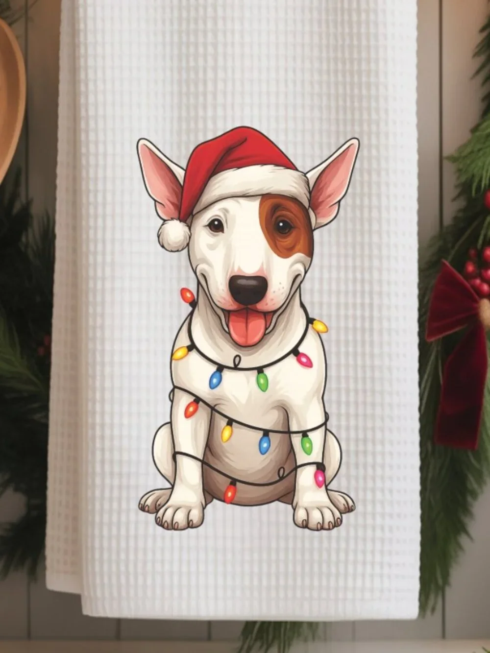Bull Terrier Christmas Lights Decorative Kitchen Tea Towel